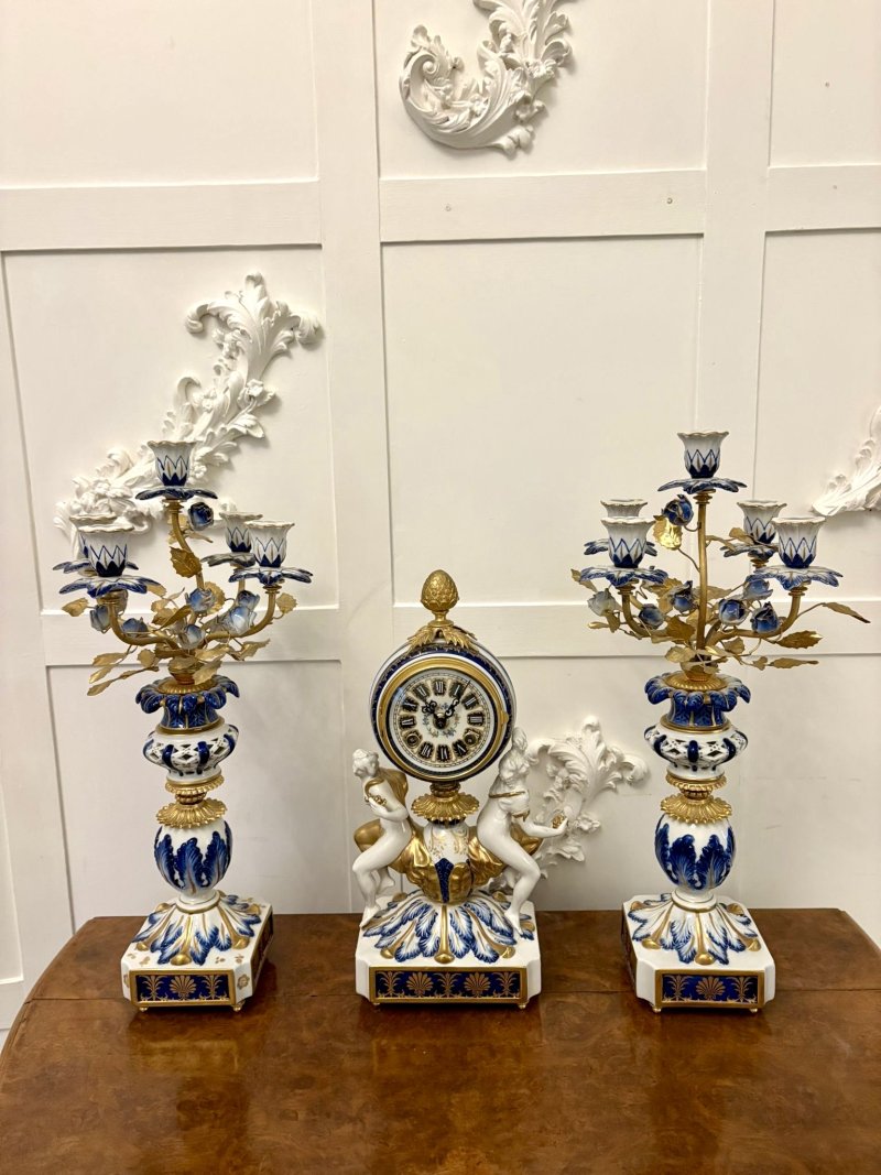 Outstanding Quality Large Antique Victorian French Porcelain and Gilded Metal Clock Set - Image 2
